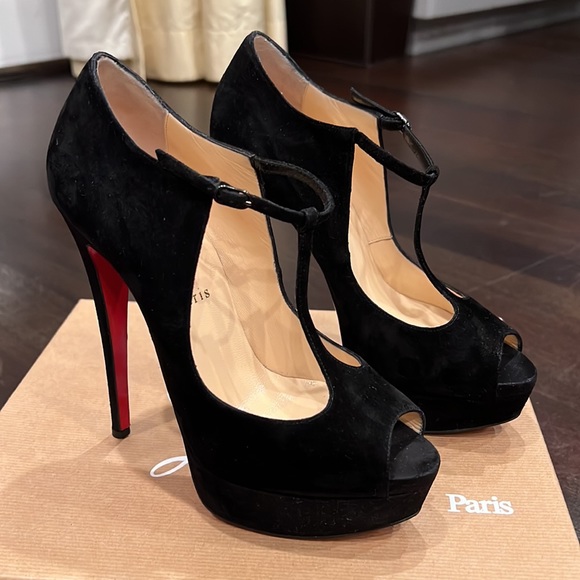 Black suede Louboutin platform heals Sz 38.5 - Picture 2 of 9